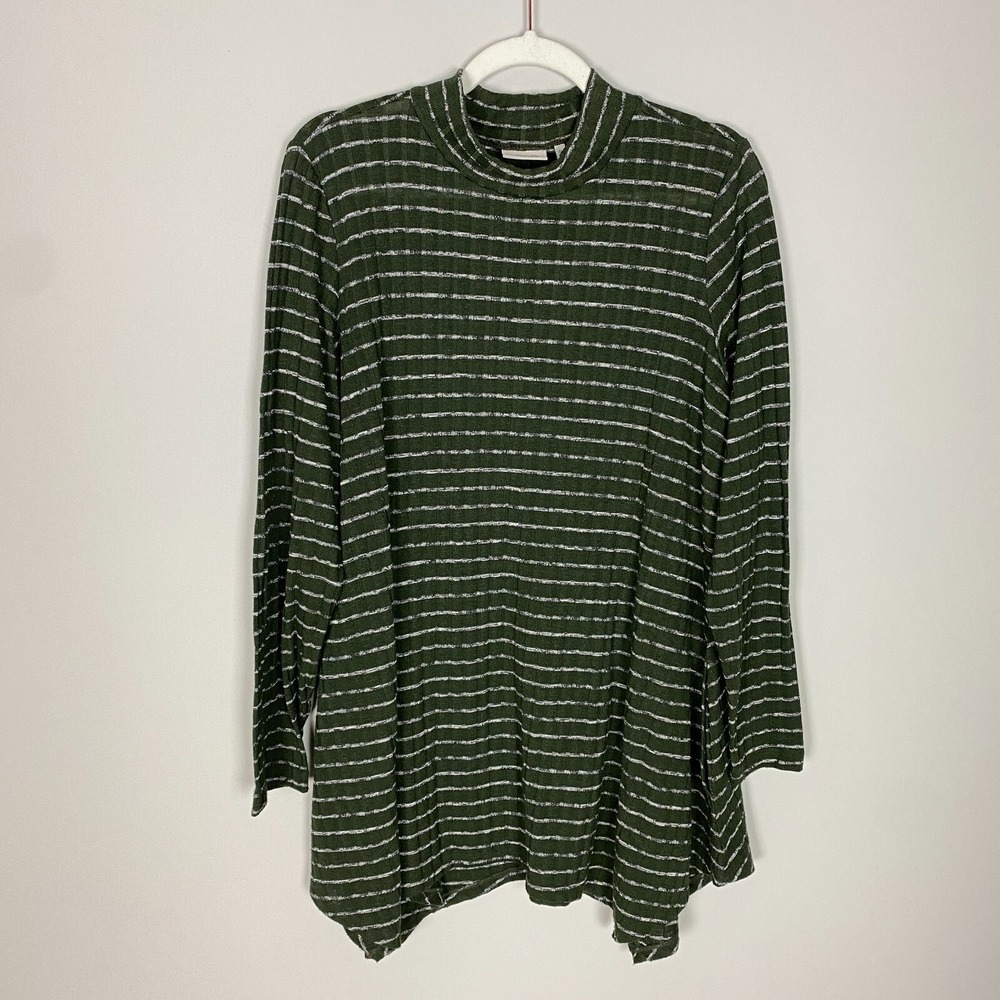 Logo by Lori Goldstein Green Striped Asymmetrical Ribbed Top Long Sleeves 1X